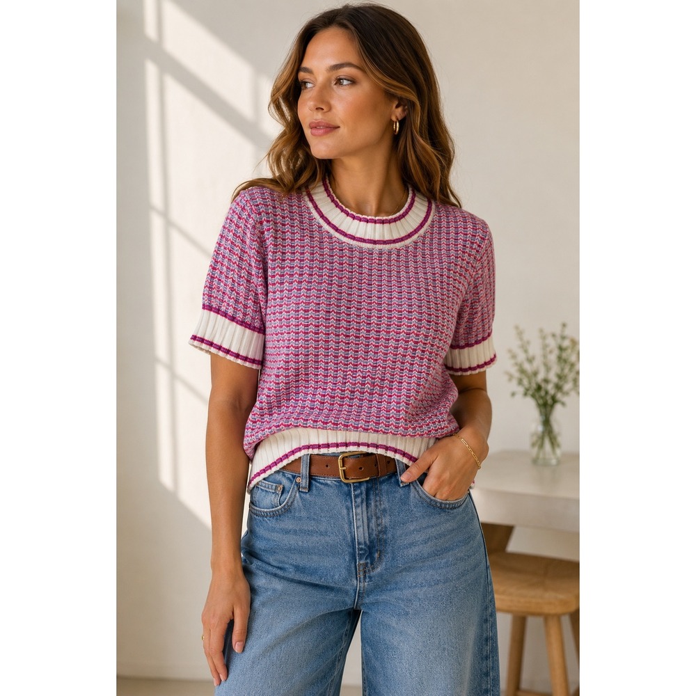 Retro Preppy Chevron Knit Short Sleeve Sweater Boho Chic Coastal Pink Sz M